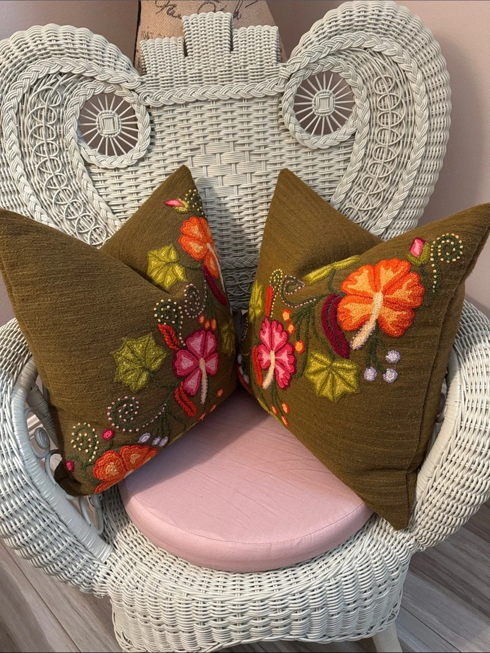 Set of Two Peruvian Hand Woven, Hand Embroidered Pillows